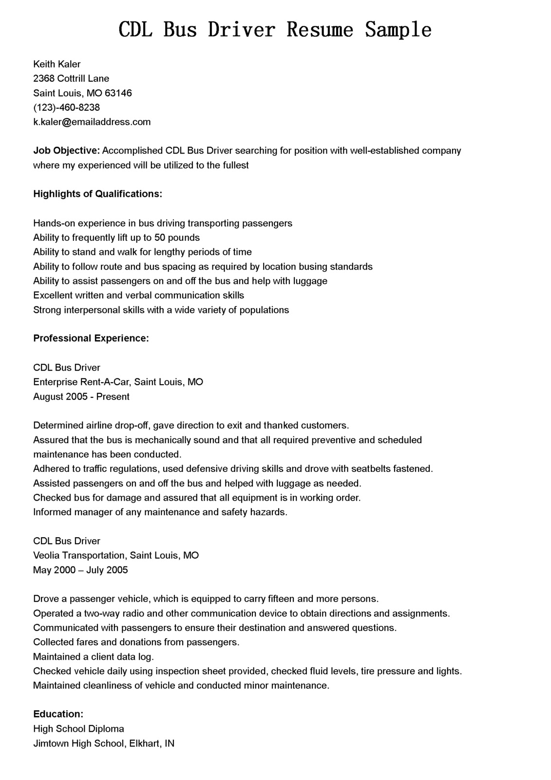 Motor coach driver resume sample